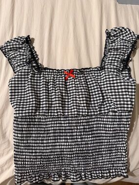 Black & White Gingham Smocked Crop Top with Red Bow